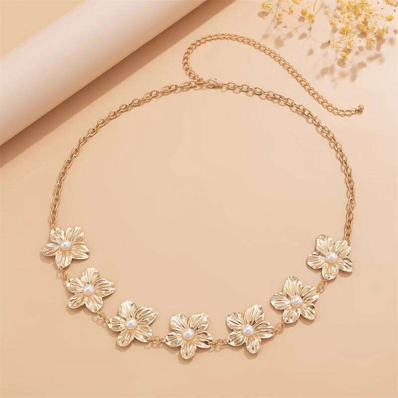 Personality Geometric Metal Pearl Big Flower Waist Chain for Women Fashion Summer Beach Bikini Body Jewelry Gifts X260209