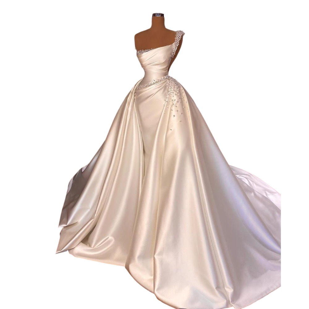 Modern Pearls Wedding Dresses One Shoulder Mermaid Bridal Gowns with Detachable Train Sleeveless Customized Vestidos De Novia Plus Size
