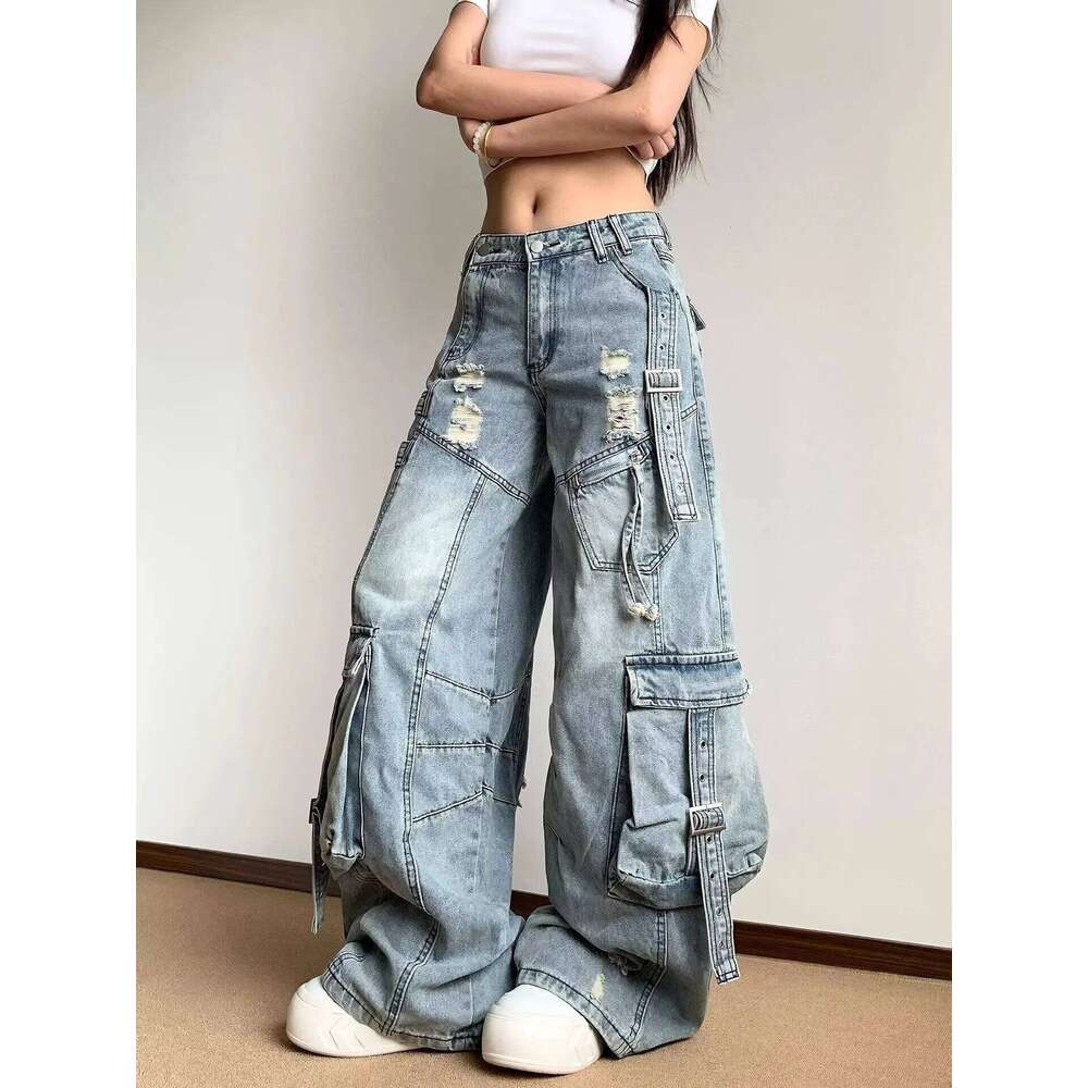 Fashion Women's Multiple Pockets Jeans Denim Cargo Wide Leg Pants Streetwear Vintage Harajuku 90s Y2k Oversize Trouser