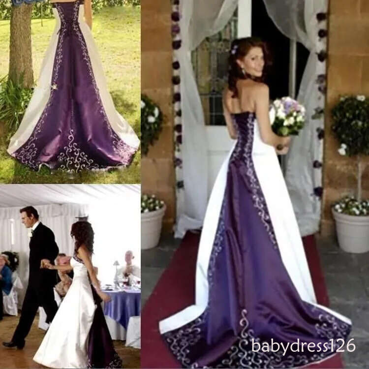 Vintage White Purple Satin Wedding Dresses New Strapless Pao Embroidery Vestido De Novia A Line Corset Back Chapel Train Bridal Gowns BO9684