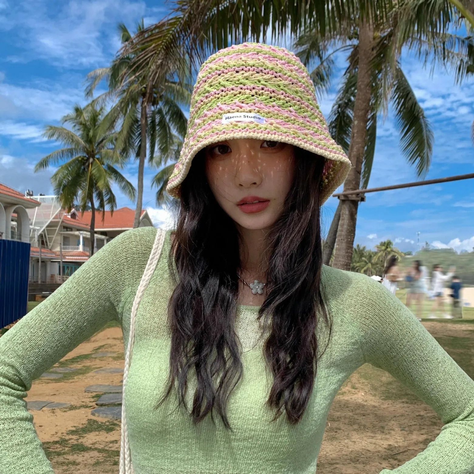 Ladies BucketHat Korean Knitted Striped Verstaile Hollow Breathable Bucket Hat Beach Vacation Sunscreen Sunshade Hats For Girl 260208