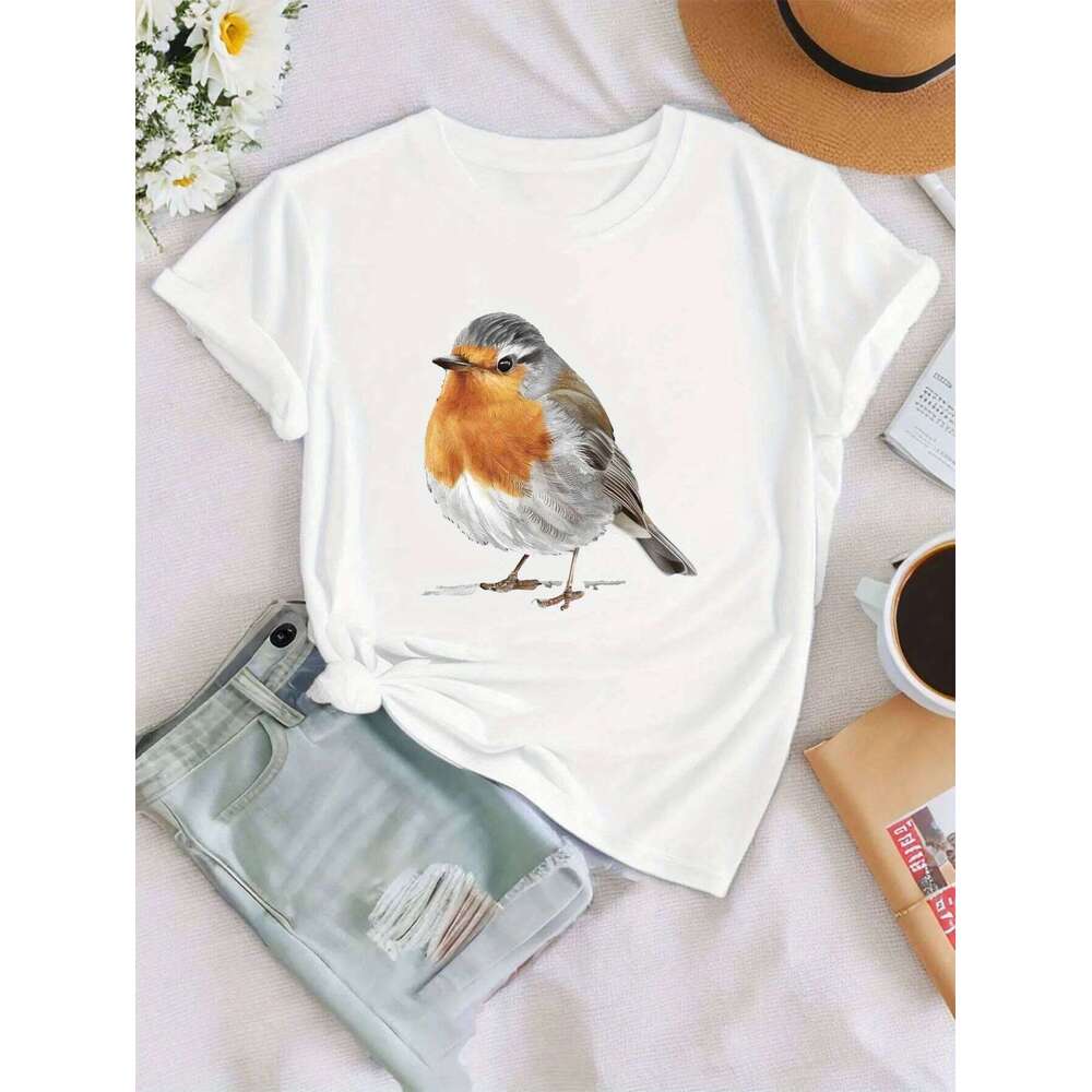 Women's Black Short Sleeve Crew Neck T-Shirt Robin Print Casual Comfort Fit Versatile Top Fashion Graphic T Shirts Personality X260209
