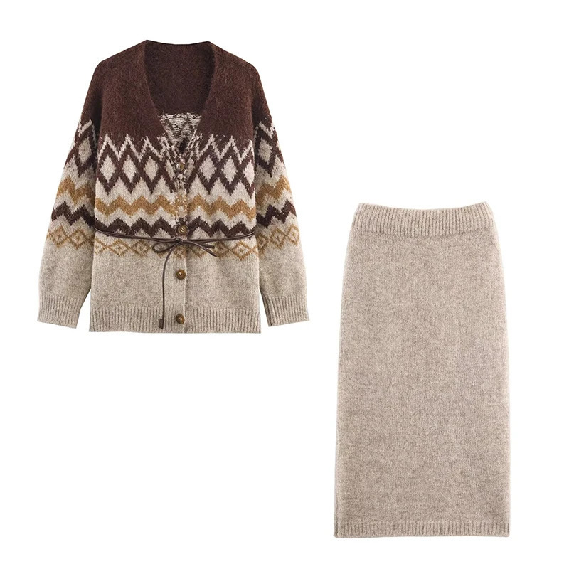 Women Knitted Midi Skirts Two Piece Sets Fashion Jacquard Belt Knit Cardigan Womens Suits Autumn Winter Woman Outfits 250203