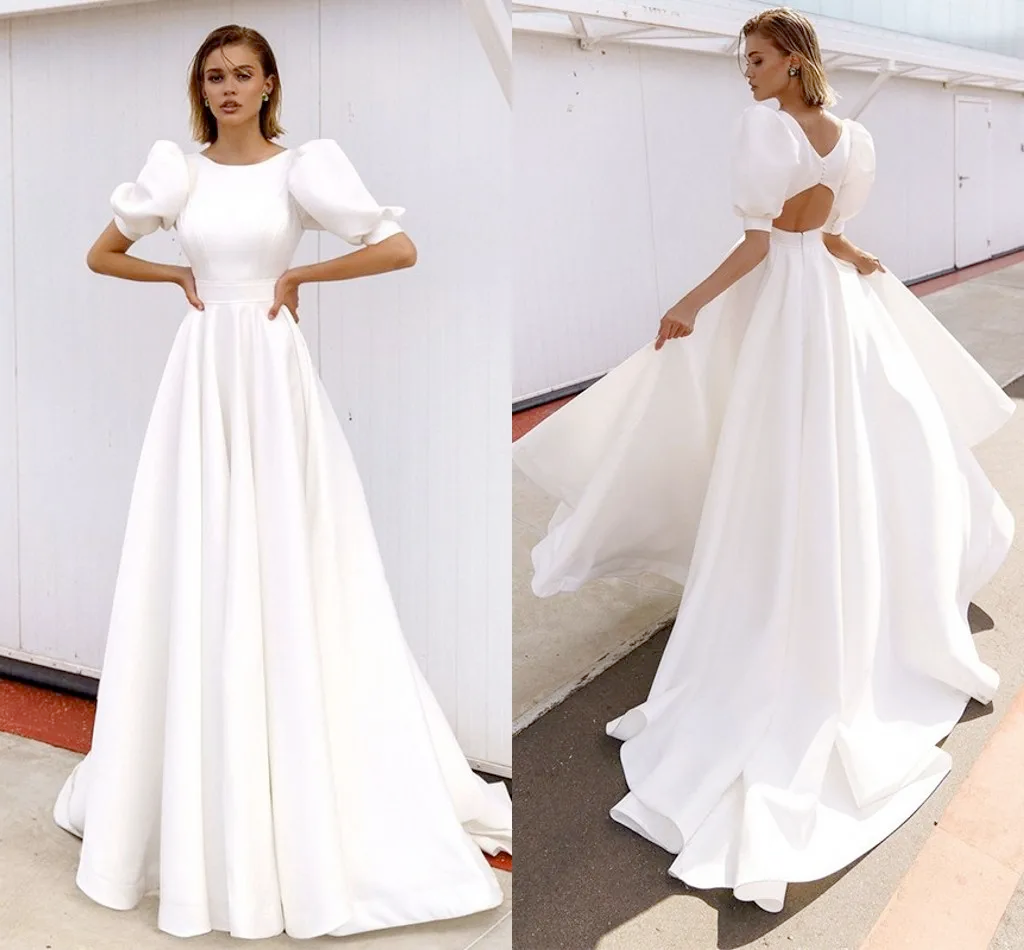 Simple Satin Wedding Dresses Beach Short Puffy Sleeves A-Line Boho Bridal Gowns Princess 2026 Vestidos De Novia BC6101