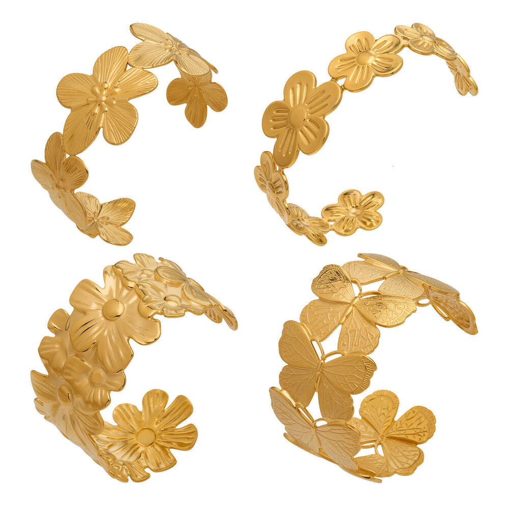 Heavy-duty exaggerated floral butterfly leaf design bracelet, stainless steel plated with 18K gold, open bangle, vintage women's jewelry