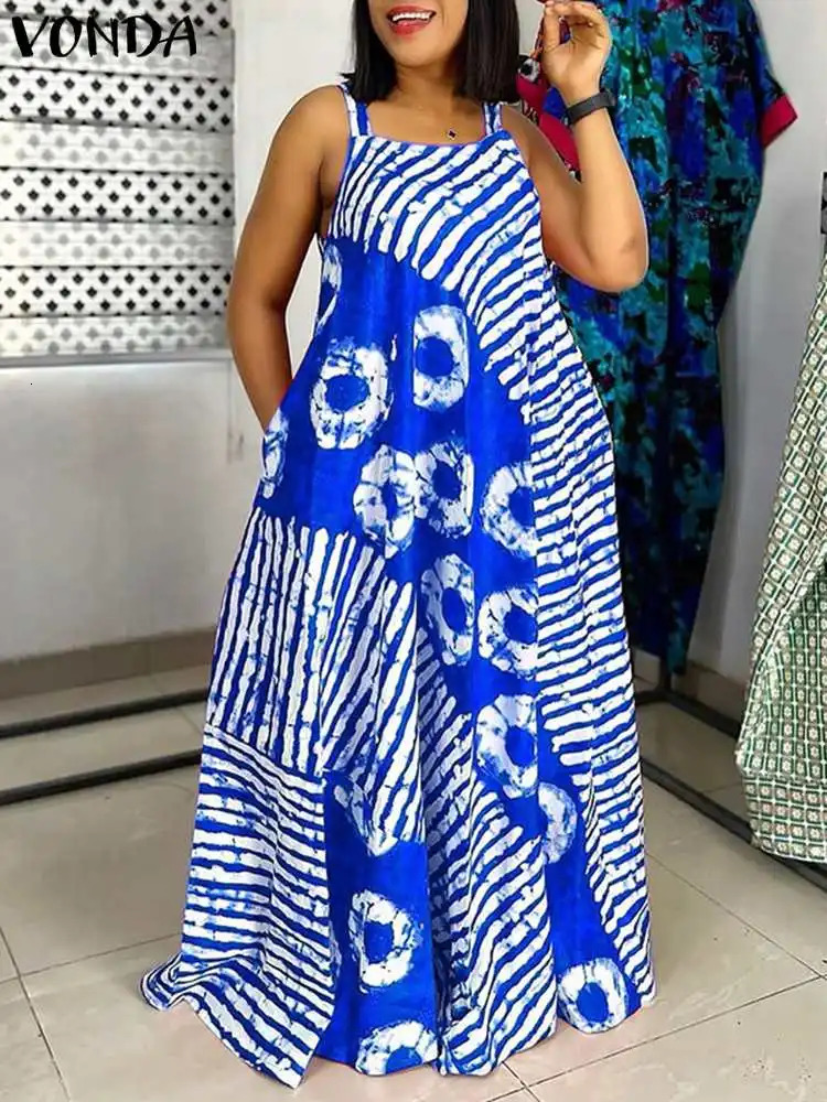 VONDA Plus Size 5XL Summer Bohemian Printed Maxi Dresses Sleeveless Party Beach Sundress Tank Long Vestido Casual Holiday Robe 260118