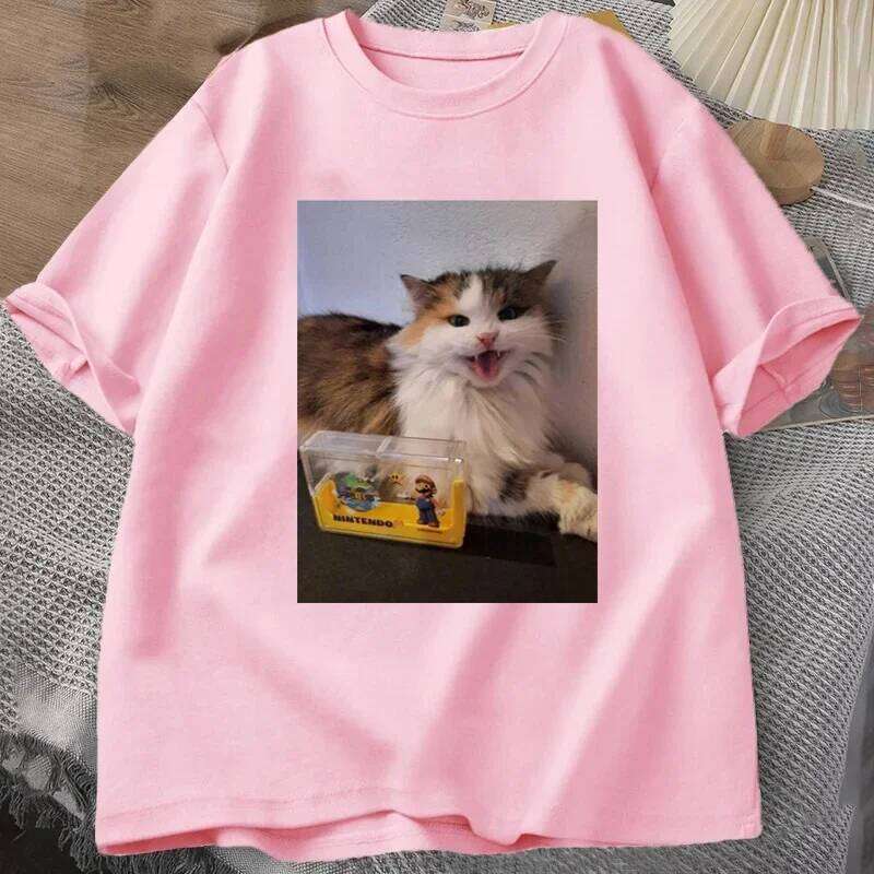Cute Cat Print Women Clothing Summer Fashion Funny Kawaii Casual Oversize Short Sleeve Tops O-Neck T-shirts Unisex X260209