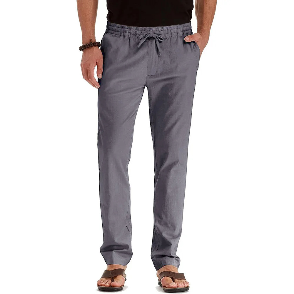 Mens Spring Summer Cotton Linen Long Pants Vacation Hawaii Casual Trouser Straight Leg Lightweight Sweatpants 260122
