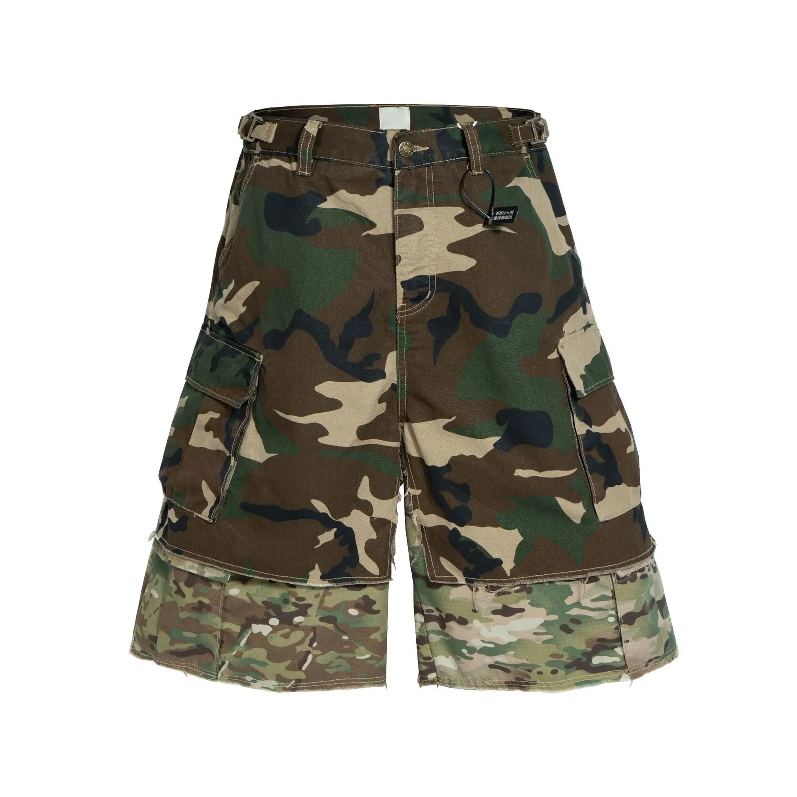 American Vintage Distressed Worn-out Two-piece Camouflage Wide-leg Denim Cropped Shorts Hip Hop Camo Cargo Jeans Shorts 260208