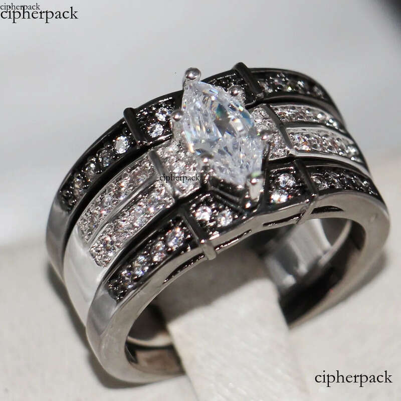 Vintage Fashion Jewelry High Quality 14KT White&Black Gold Filled Marquise CZ Dia Topaz Gemstones 3 IN 1 Wedding Couple Ring Set Gift 96