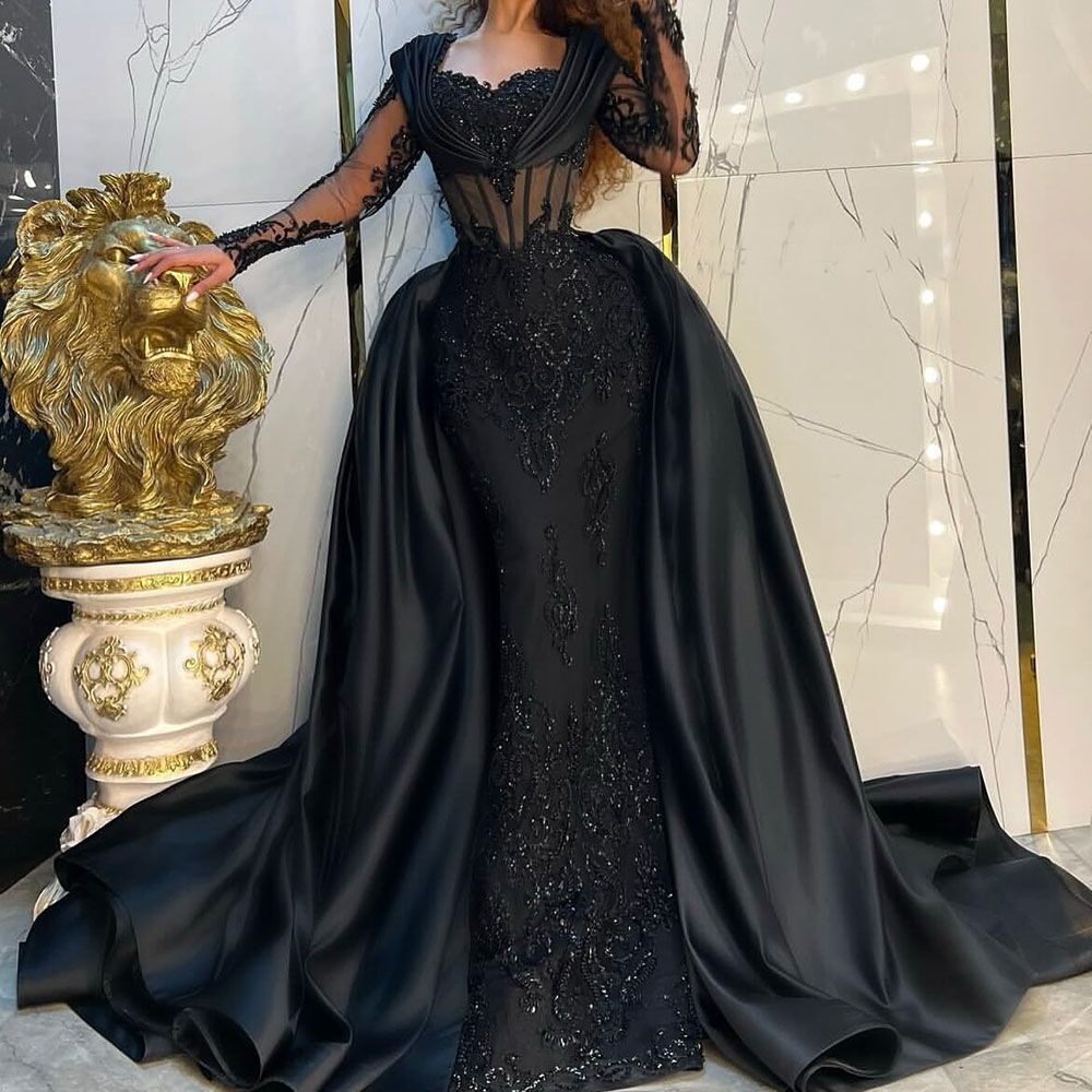 Mermaid Black Evening Dresses With Detachable Train Prom Gowns Lace Sequin Special Ocn Party Dress Long Sleeves robe de soiree mariee luxe 0209