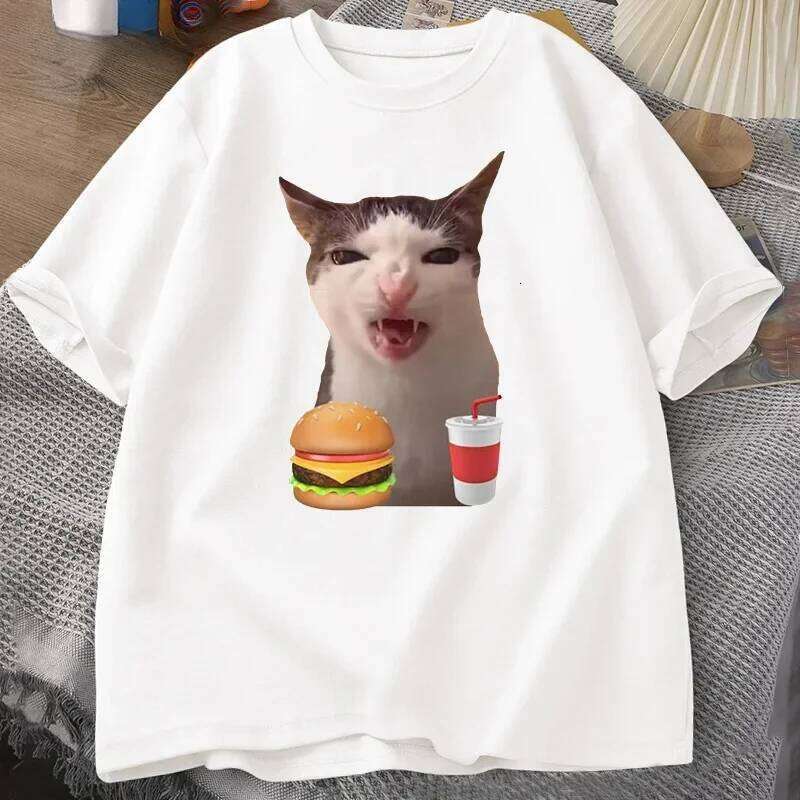 Crunching Food Meme T-shirt Women Silly T Shirts Funny Cat Eating T-Shirt Short Sleeve Graphic Tees Streetwear Fashion Y2K X260209