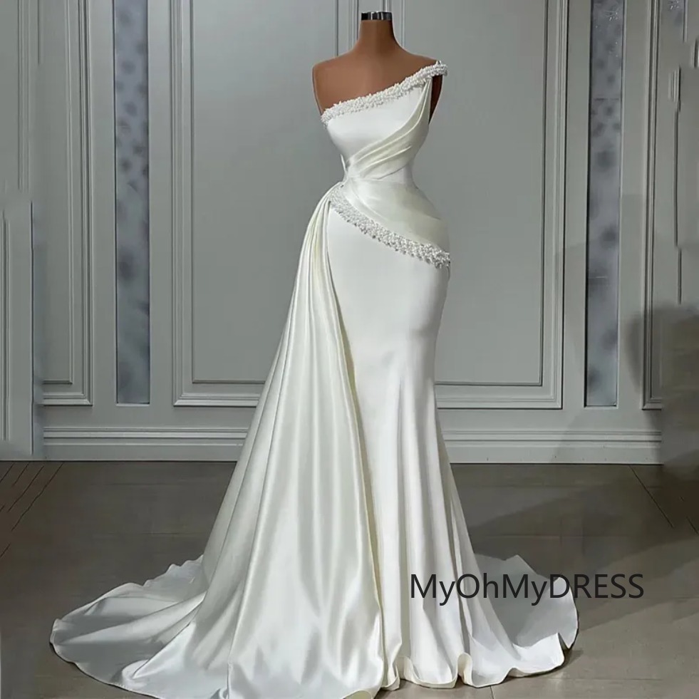 One Shoulder Mermaid Wedding Dresses Satin Beading Bridal Gowns Ruched Wedding Gowns Plus Size Vestido De Novia 0209