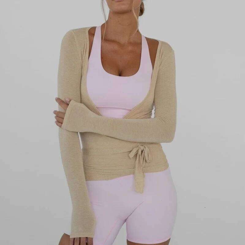 Women's Yoga Wrap Ruched Tie Front Long Sleeve Workout T Shirts Sexy Deep V Neck Slim Fit Casual Cropped Top 26Y0209
