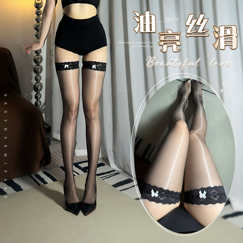 Sexy Shiny Thigh-High Stockings Women Opaque Sheer Tights with Lace Trim & Butterfly Detail, Perfect for Night Out & Romantic Moments