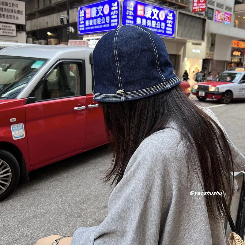 Japanese Retro Denim Bucket Hat Womens Spring Summer Fashion Casual Versatile Trend Quality Sun Basin Hat 260208