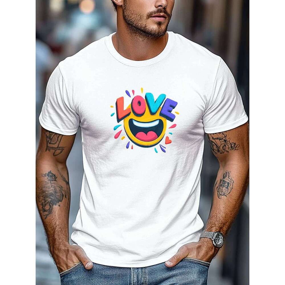 Men's Summer T-Shirt Love Colorful Print Short Sleeve Round Neck Breathable Oversized Sweet Daily Wear X260209