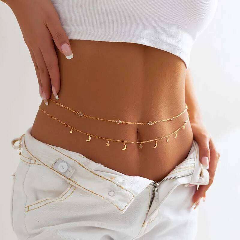 Sexy Metal Star Moon Double-Layer Waist for Women Girls Fashion Gold Color Crystal Tassel Belly Chain Bikini Body Jewelry X260209