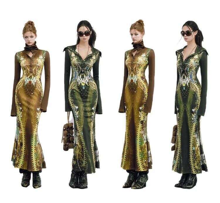 Ruisi Design Bone Print Dress For Women, Sleeve, High Collar, Unique Fishtail Long Dress, Early Spring 2026