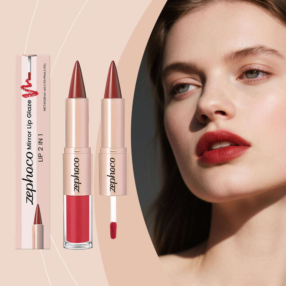 Zephoco Brick Red Two-in-One Mirror Gloss Lip Makeup Bright Color Gorgeous Look Lipstick