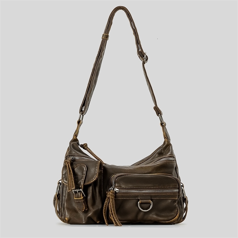 Vintage Multiple Pockets Women Shoulder Bags Washed Pu Leather Crossbody Bag Retro Motorcycle Bag Y2K Sac for Girls 260205