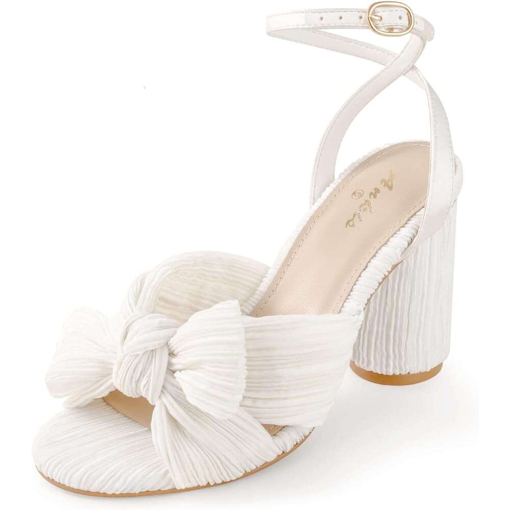 White Gold Bow Wedding Shoes For Bride Inch High Heel Open Toe Ankle Buckle Strap Dressy Pleated Women Shoe Party Graduation Event Summer
