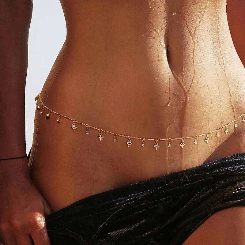 Sexy Metal Heart Pendant for Women Fashion Gold Color Shiny Zircon Tassel Waist Chain Bikini Body Jewelry Accessory X260209