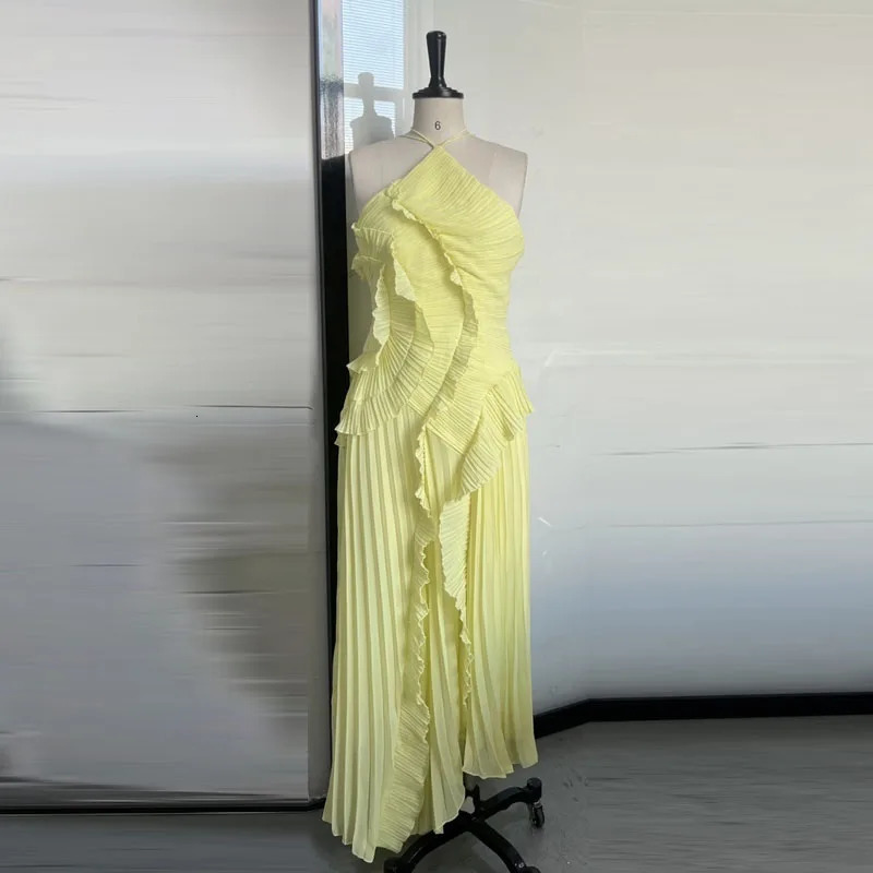 Elegant Neck Strap Ruffles Evening Gown Solid Folds A Line Lace Up Backless Sexy Party Dress 2025 Party Vacation Y2k Robe 260122