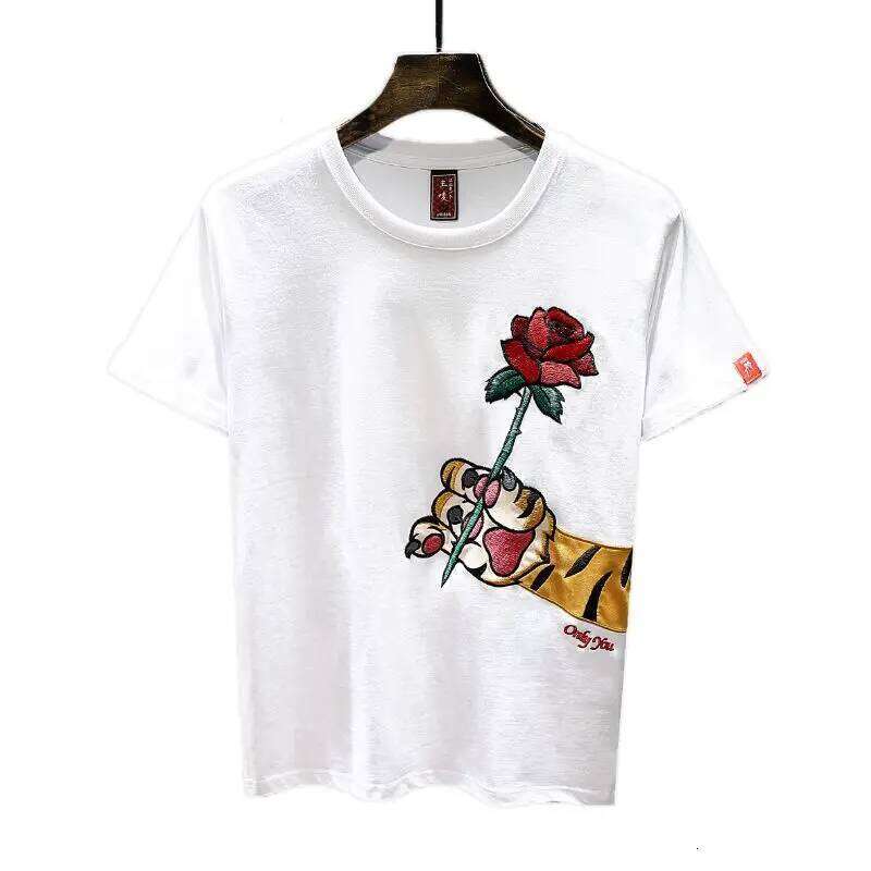 Rose Embroidered Short-sleeved T-shirt Men's 2025 New Summer Casual Loose Round Neck Half-sleeved Top X260209