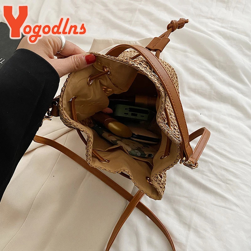 Summer Braided Straw Bucket Bag For Women Simple Drawstring Shoulder Crossbody Bag Travel Beach Bag Casual Wove Handbag 260205