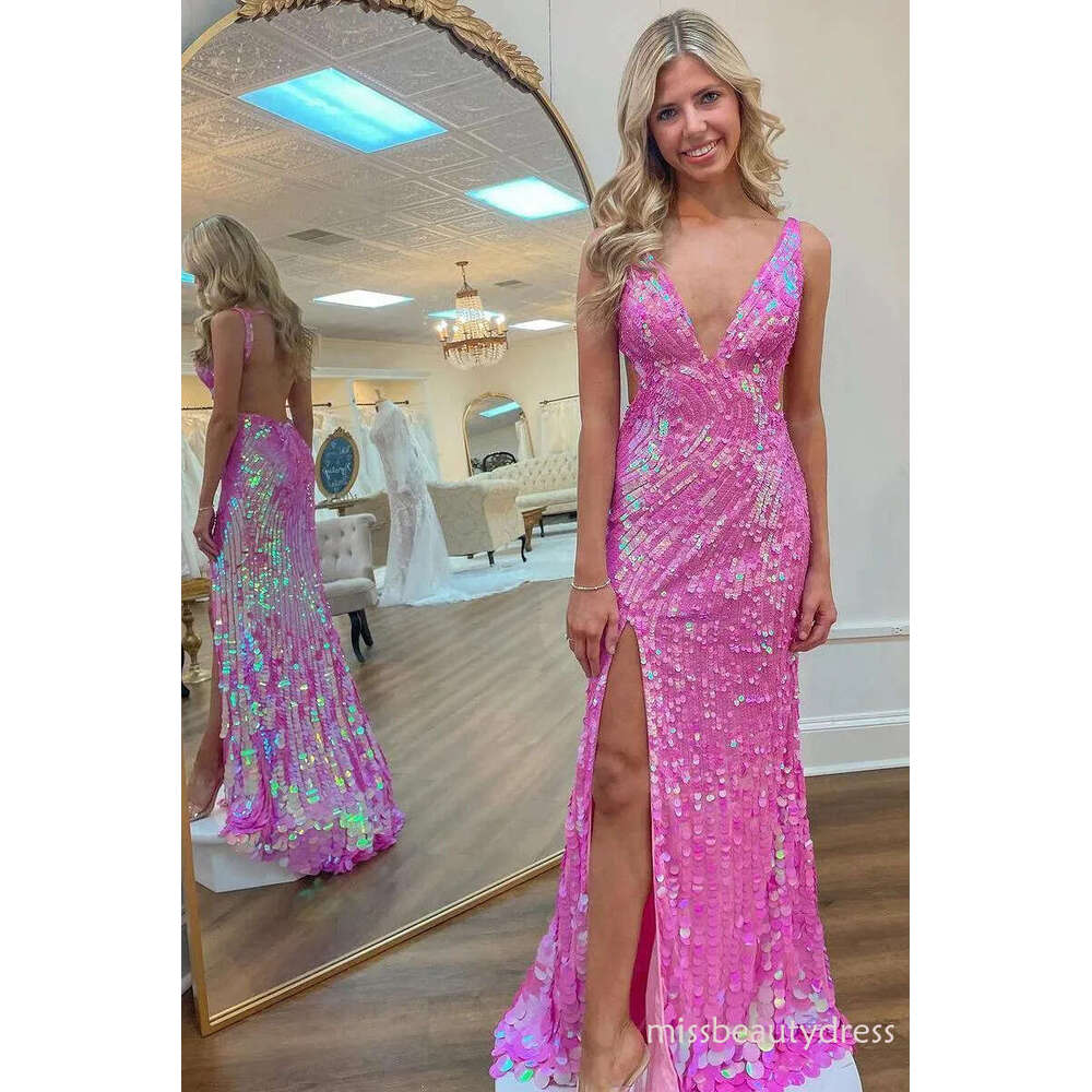 Shinny Fuchsia Sequined Evening Dresses Sexy V Neck Pink Sequins Prom Dress with Backless Sleeveless Design and High Slit Women Formal Occasion Gala B
