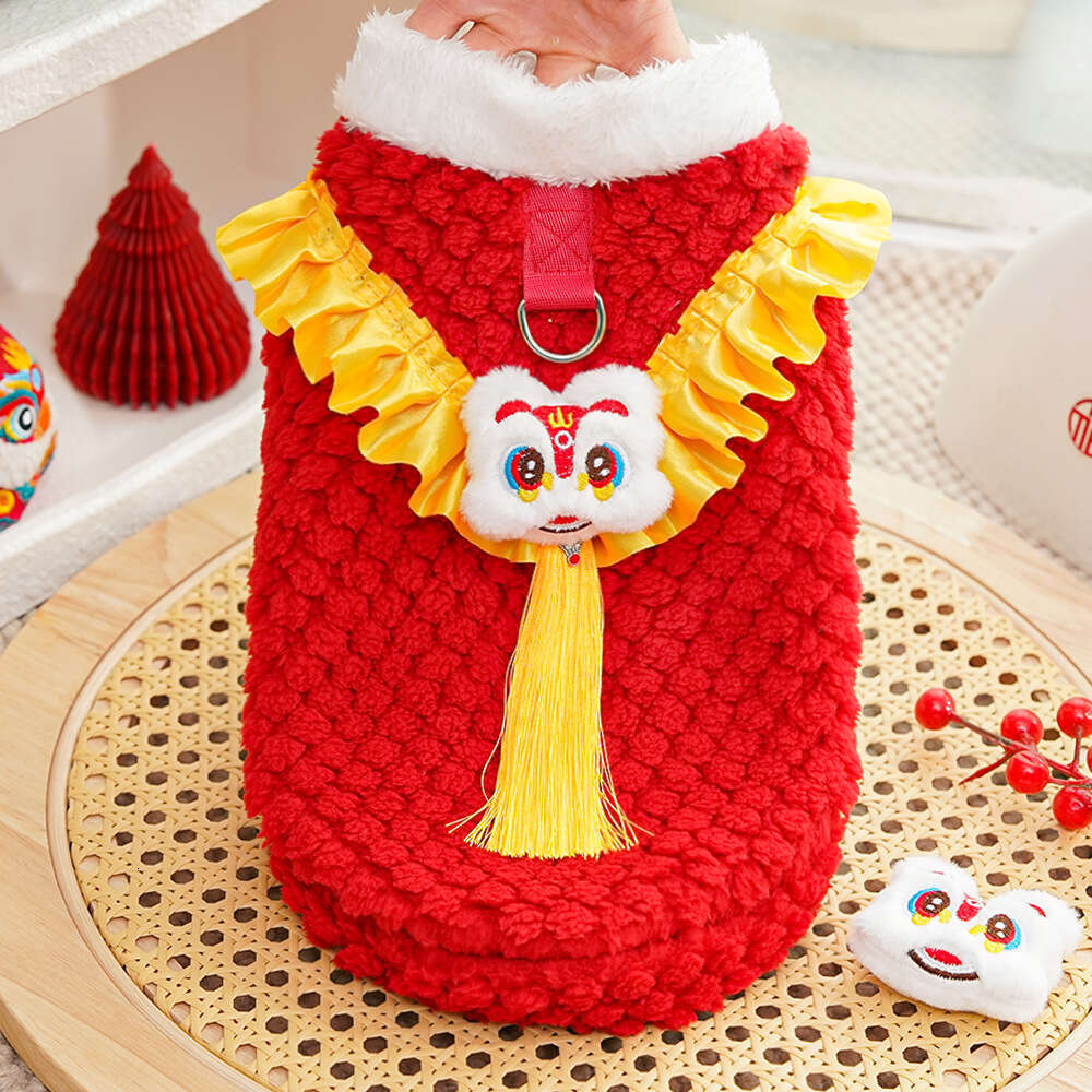 New Year Chinese Style Lion Dance Fleece-Lined Warm Pet Clothes Teddy Plush Tang Suit Dog Supplies Cat Outfit