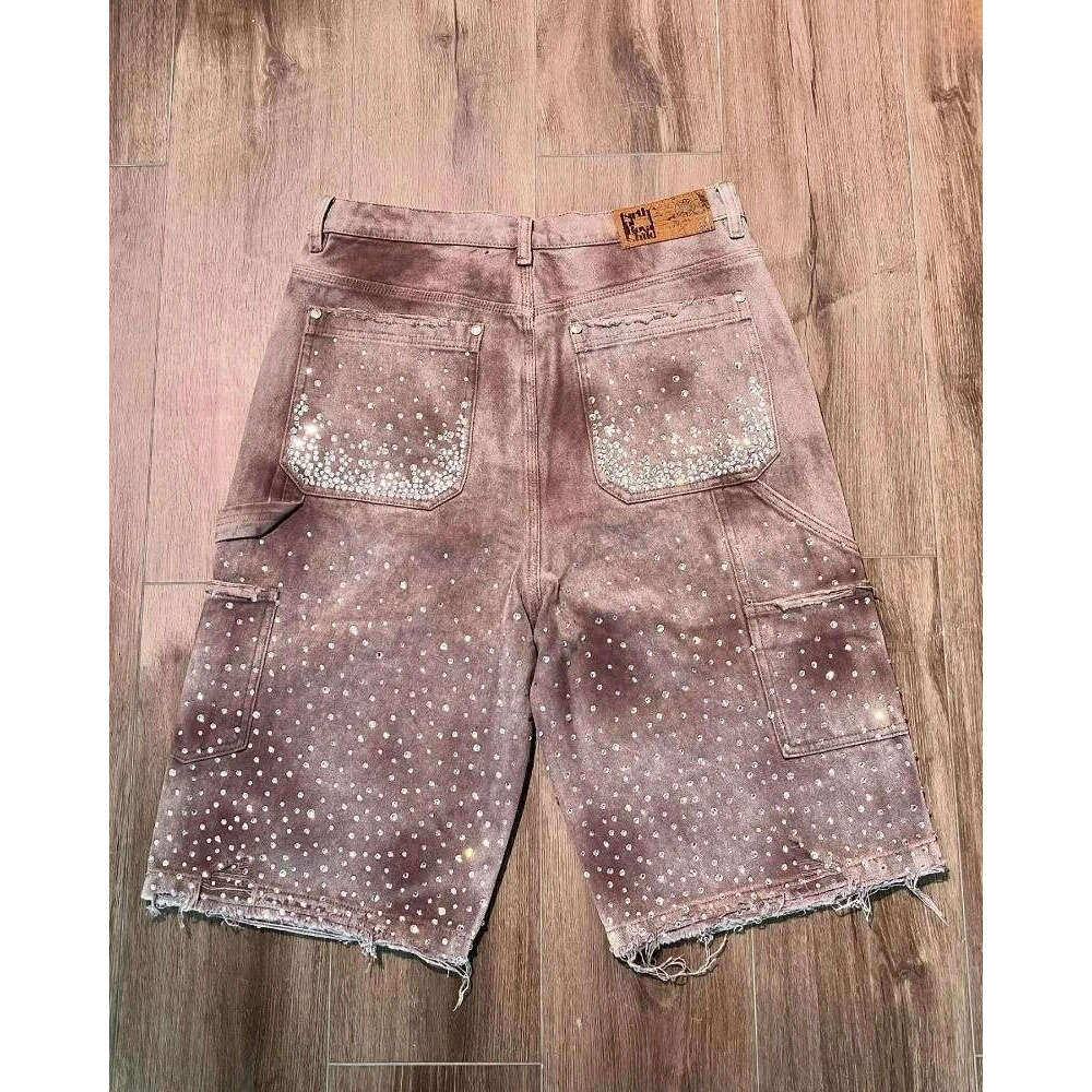 Mens Baggy Denim Shorts High Waist Street wear Jeans with Rhinestones and Sequins Casual American Hip Hop Gym Style
