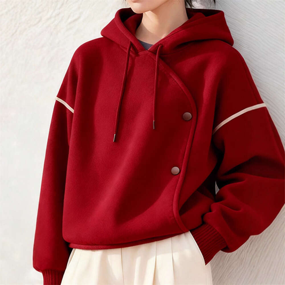 New Autumn And Winter Loose Lazy Style Christmas Red Hooded Irregular Thickened Fleece Sweatshirt Jacket For Women