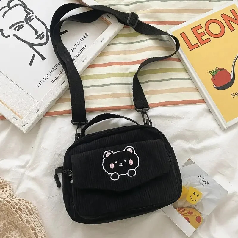 Personalized Teddy Bear Embroidered Diagonal Shoulder Bag Corduroy Crossbody Cute Teen Canvas BagHarajuku Phone Pouch 260208