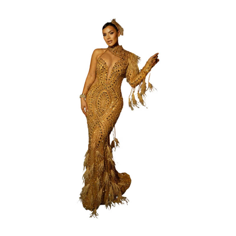 Exquisite High Neck Beaded Prom Dresses Sexy Crystal One Shoulder Evening Dress Customized Feathers Floor Length Party Gown