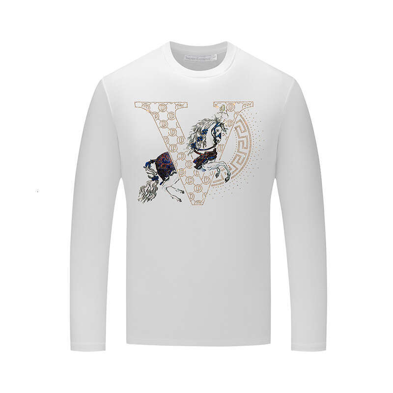 Long-Sleeve T-Shirt, Spring And Autumn Slim-Fit Round-Neck Base Shirt, Men's Clothing, Large Size, Rhinestone Printed
