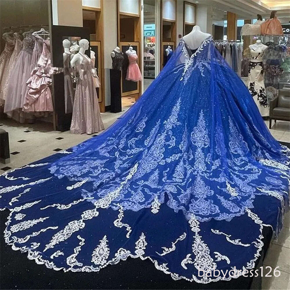 Glitter Royal Blue Court Train Quinceanera Dresses Ball Gown Formal Prom Graduation Gowns With Cape Princess Sweet 15 16 Dress O24