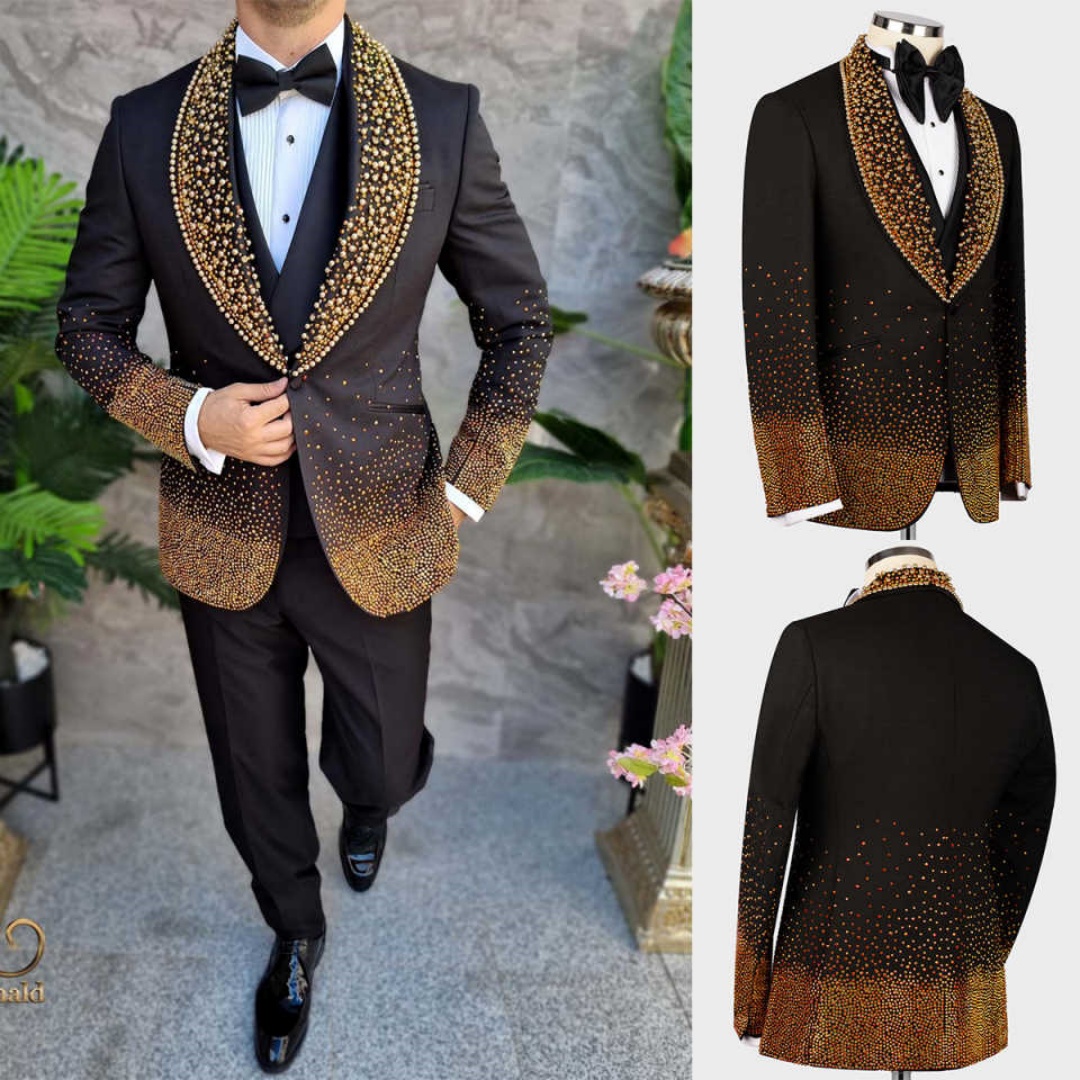 Fashion Beaded Groom Wedding Tuxedos Shawl Lapel One Button Pant Sets Classic Fit Banquet Party 2 Pieces Customized