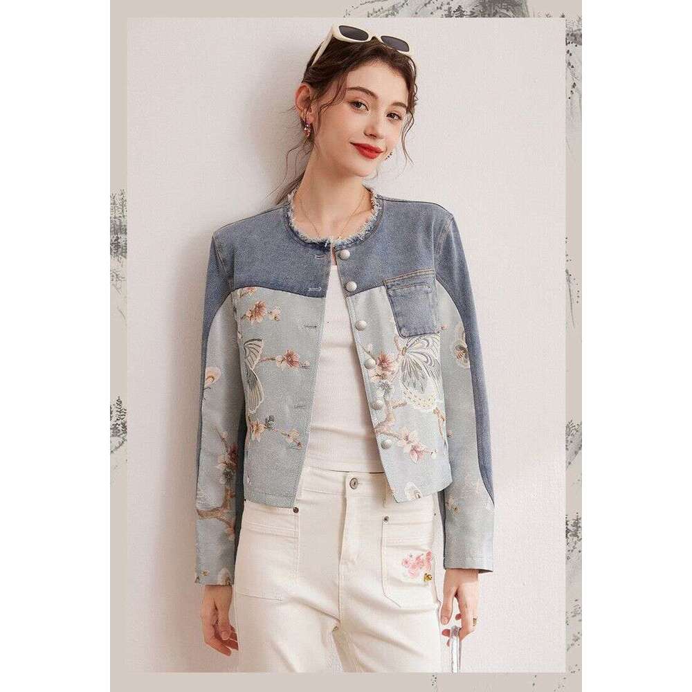White Deer Language Contrast Color Chinese Style Floral Pattern Fabric Patchwork Spring/Autumn Fashionable Non-Strch Round Neck Denim Long Sleeve Wome