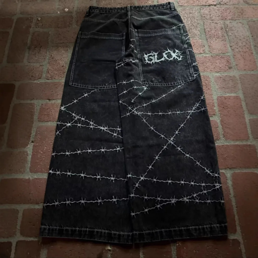 Jeans y2k high street hip hop loose wide-leg casual pants mens pants jeans street wear printed gothic style trousers 260208
