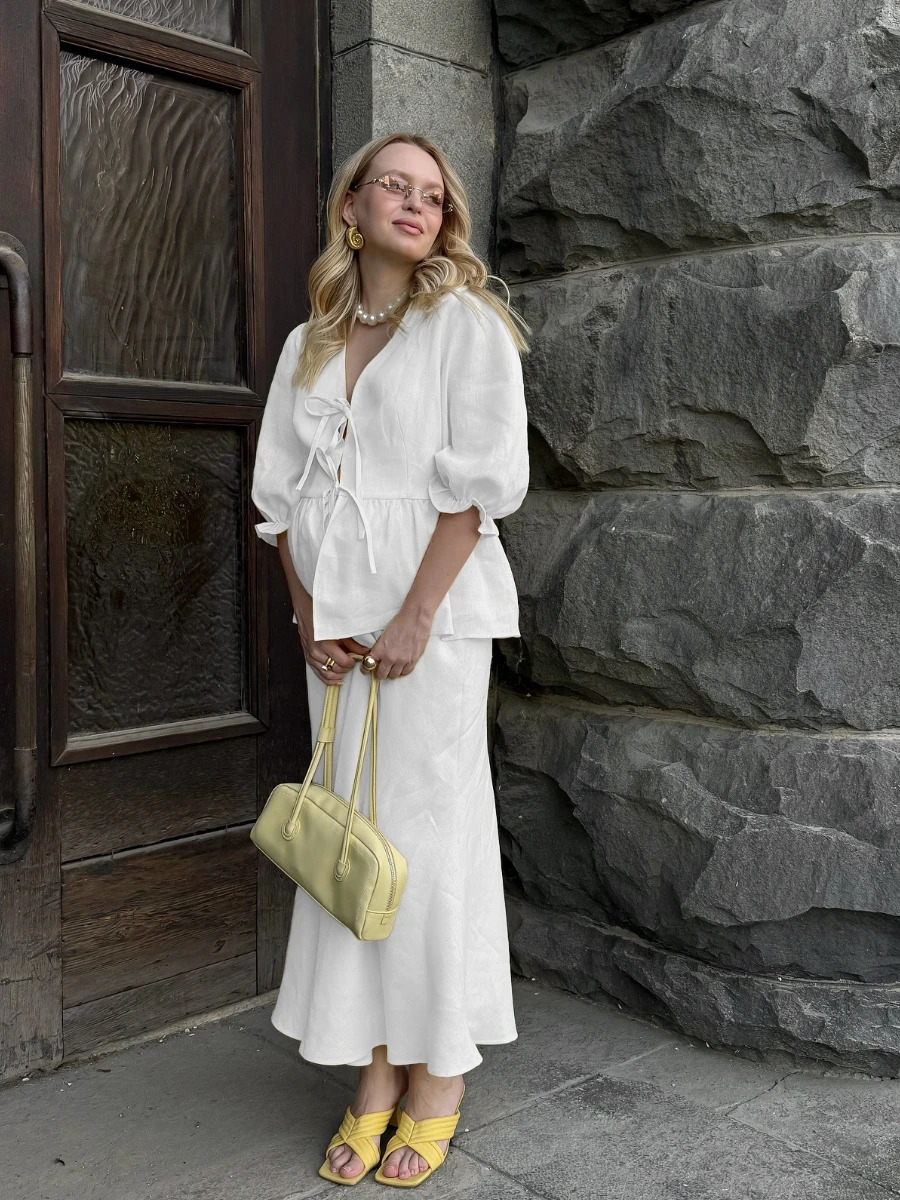 Bornladies 2025 Summer Womens 100 Cotton V-Neck Lace-Up Bubble Sleeve Shirt Long Skirt Set Loose Casual Two-Piece Suit 260120