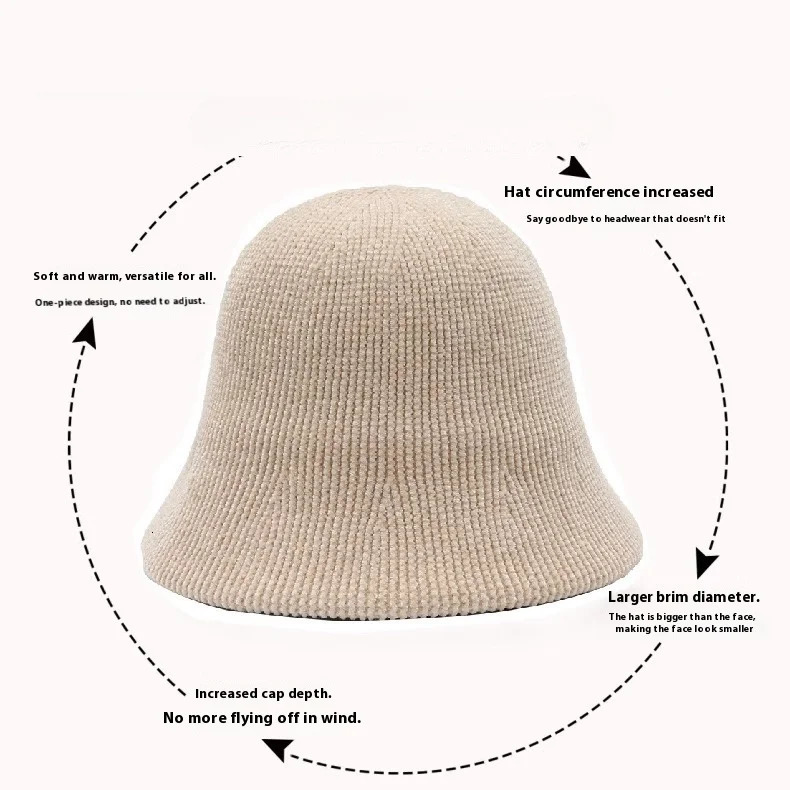 Autumn and Winter Knitted Bucket Hat Big Head Circumference Hat Womens Basin Hat Comfortable and Warm Fisherman Hat 260202