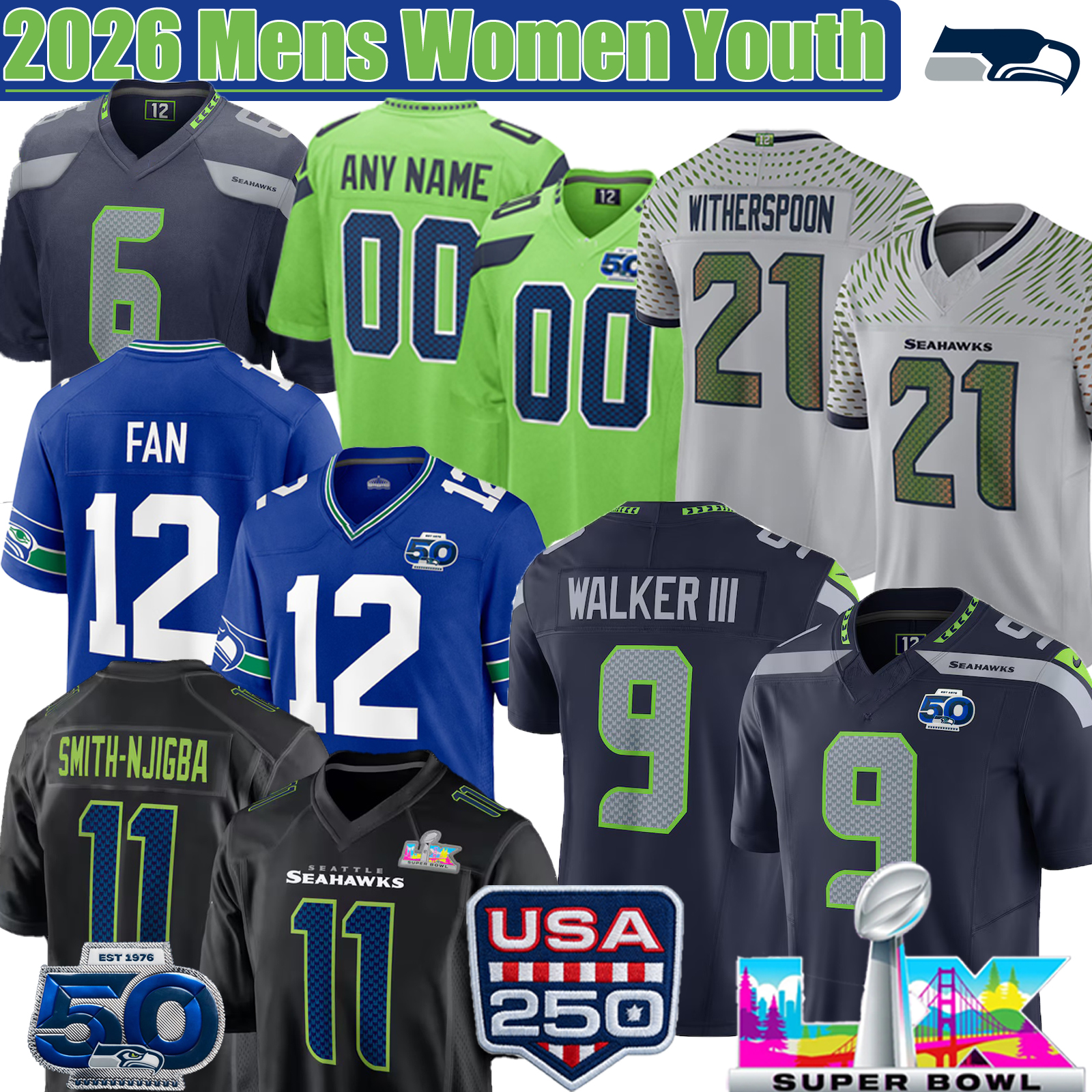 2026 season New Football Super Bowl Champion Jersey Jaxon Smith-Njigba Devon Witherspoon Cooper Kupp Kenneth Walker III SeahawksJersey Seahawkss Jersey