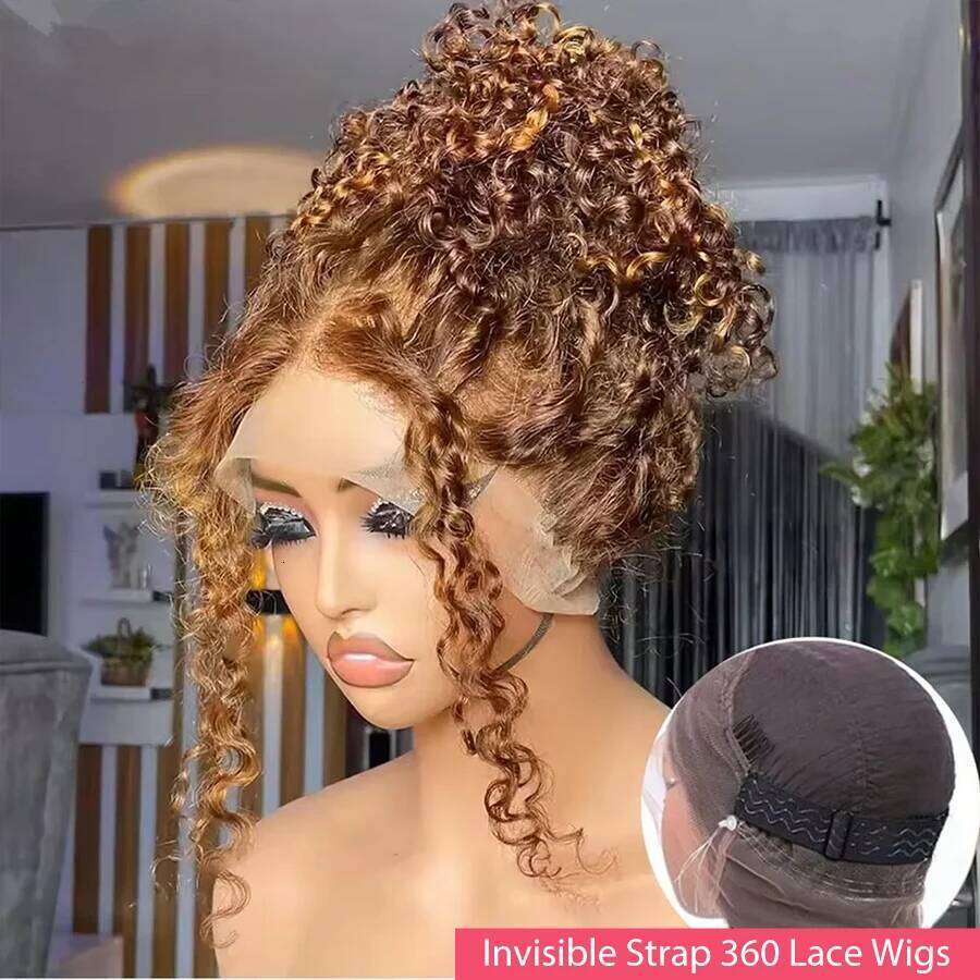 Highlight 360 Full Curly Human Hair Pre Plucked Deep Wave Glueless Invisible Strap Lace Frontal Wig Honey Blonde Color SHXI