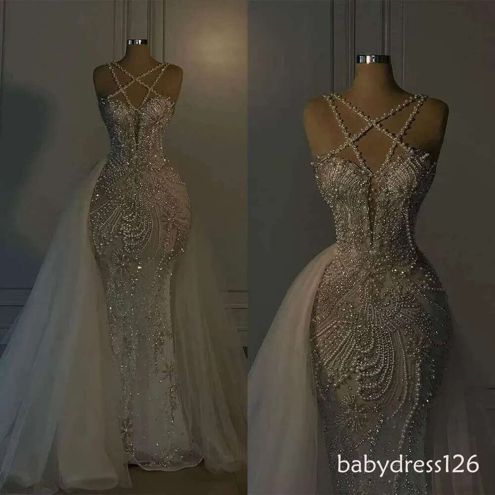 Sexy Beads Mermaid Wedding Fashion Lace Pearls Sleeveless Up The Floor Bridal Dress Made To Order