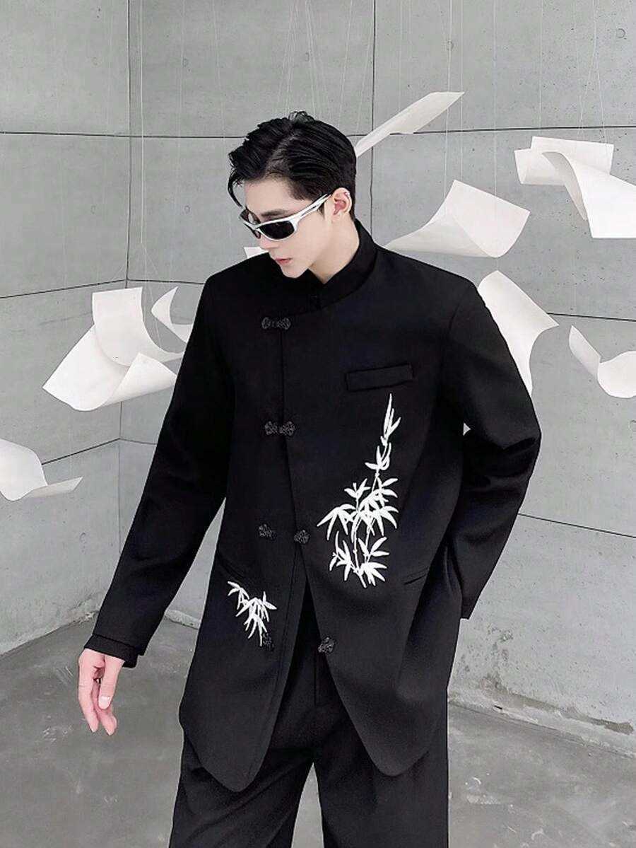 Retro Zhongshan Suit Spring And Autumn Niche Stand Collar Embroidered Dark Casual Suit Chinese Style Buckle Suit C260209