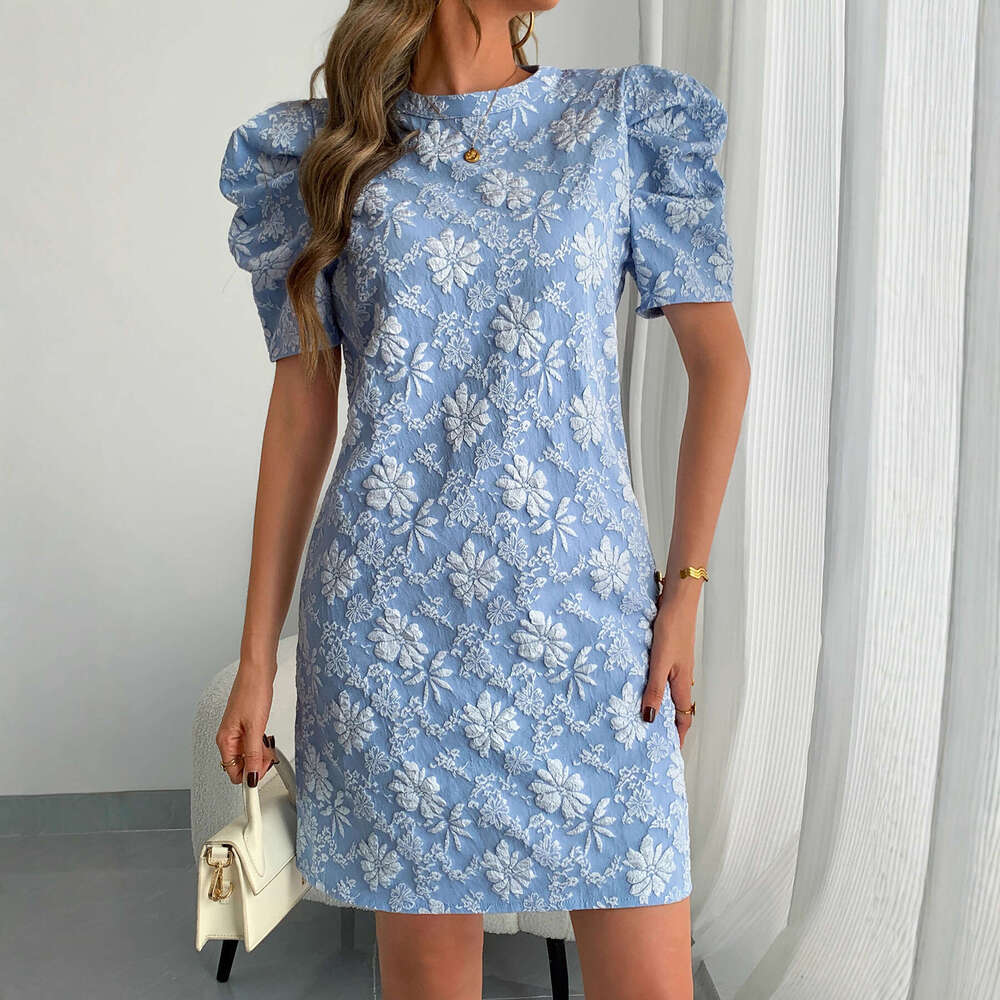 New Women's Ruffle Sleeve Texture Jacquard Collar color lace-up leaf Retro Style Dress Summer daisy relief dress slim fit skirt short sleeved wom