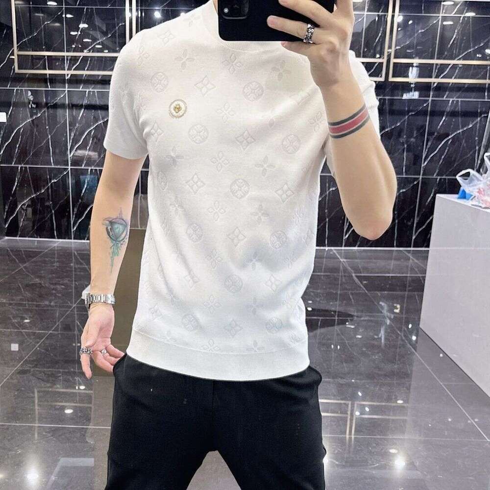 High-End Short-Sleeve Sweater 2023 Autumn And Winter New Men's Jacquard Knit Half-Sleeve Wool Shirt With Round Neck