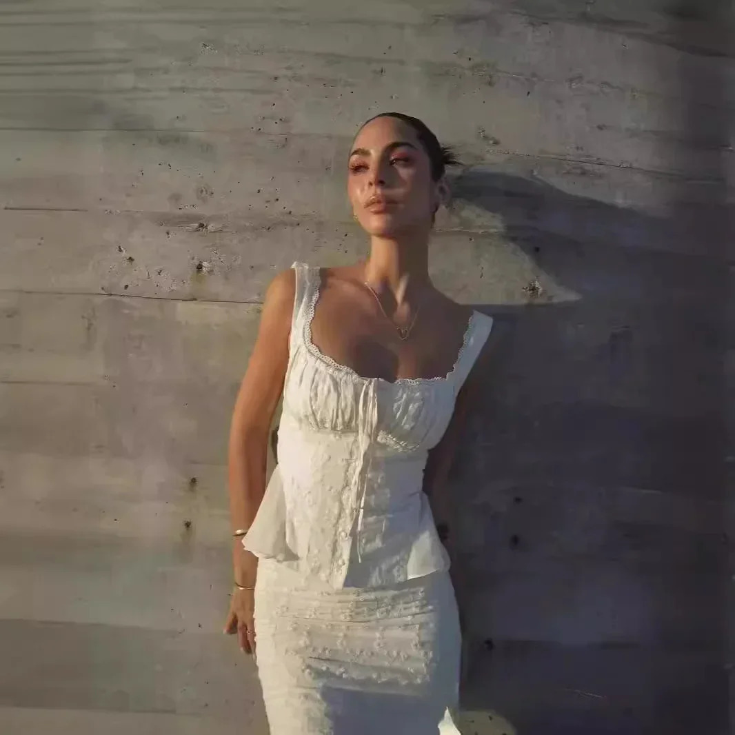 Minigmingxi in Summer 2 Piece Dress Set Elegant and Beautiful Dresses Set Beige Long Matching Set Sexy Mermaid Skirt 260208